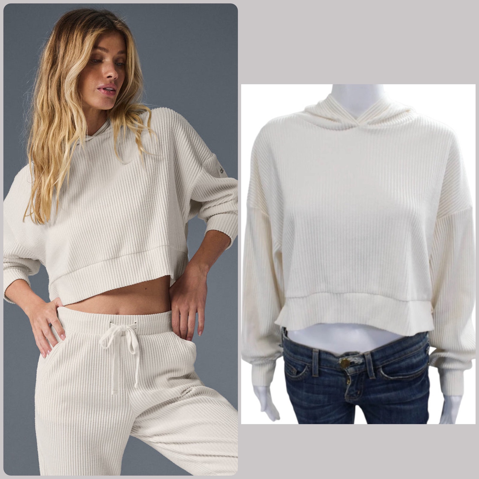 Alo Yoga Muse Hoodie Ivory Ribbed Cropped Pullover Soft Loungewear Studio Street